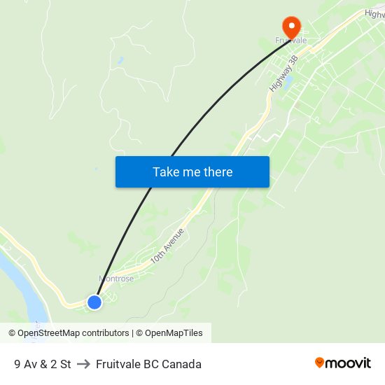 9 Av & 2 St to Fruitvale BC Canada map