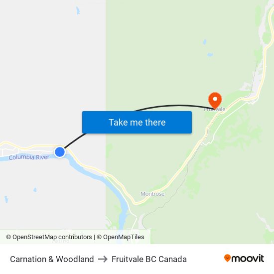 Carnation & Woodland to Fruitvale BC Canada map