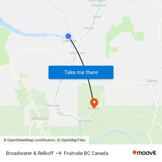 Broadwater & Relkoff to Fruitvale BC Canada map