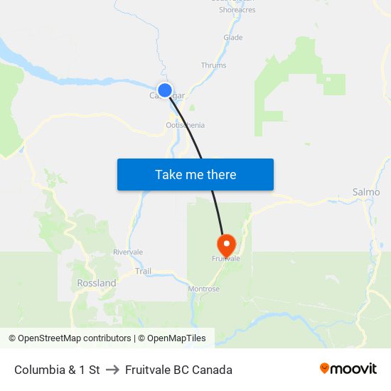 Columbia & 1 St to Fruitvale BC Canada map