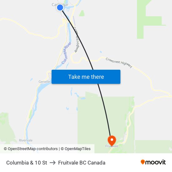 Columbia & 10 St to Fruitvale BC Canada map