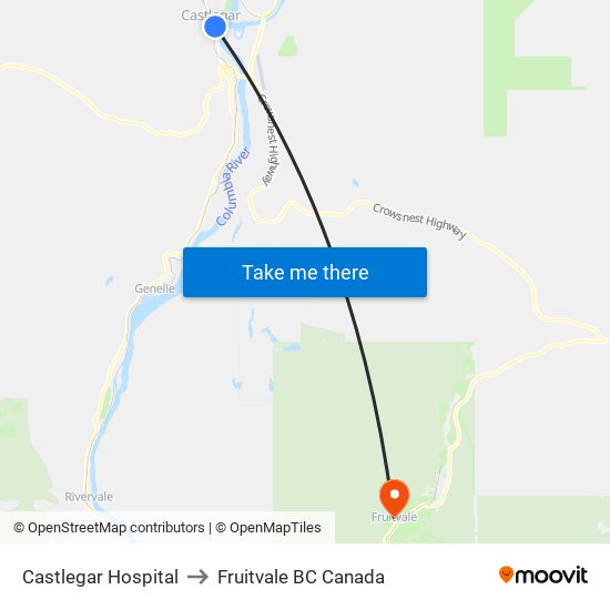 Castlegar Hospital to Fruitvale BC Canada map