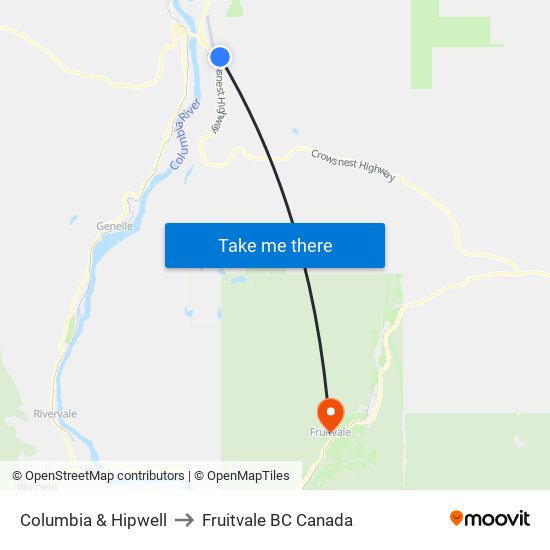 Columbia & Hipwell to Fruitvale BC Canada map