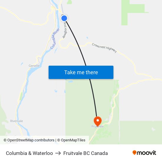 Columbia & Waterloo to Fruitvale BC Canada map