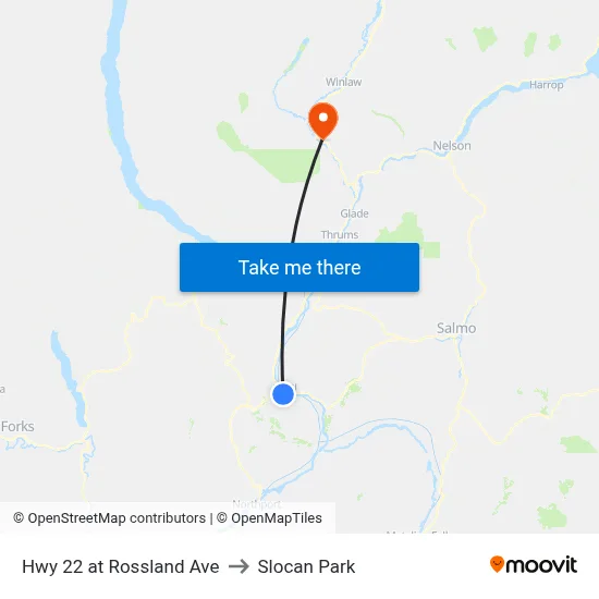 Hwy 22 at Rossland Ave to Slocan Park map