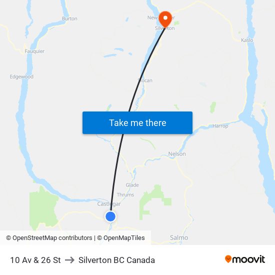 10 Av & 26 St to Silverton BC Canada map