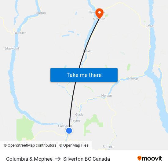 Columbia & Mcphee to Silverton BC Canada map