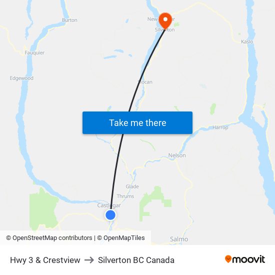 Hwy 3 & Crestview to Silverton BC Canada map