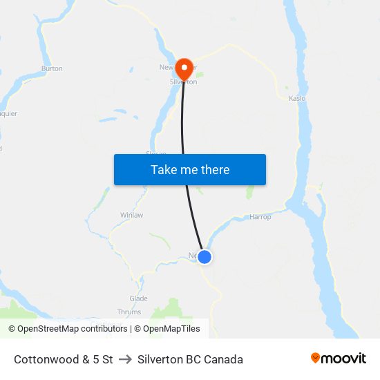 Cottonwood & 5 St to Silverton BC Canada map