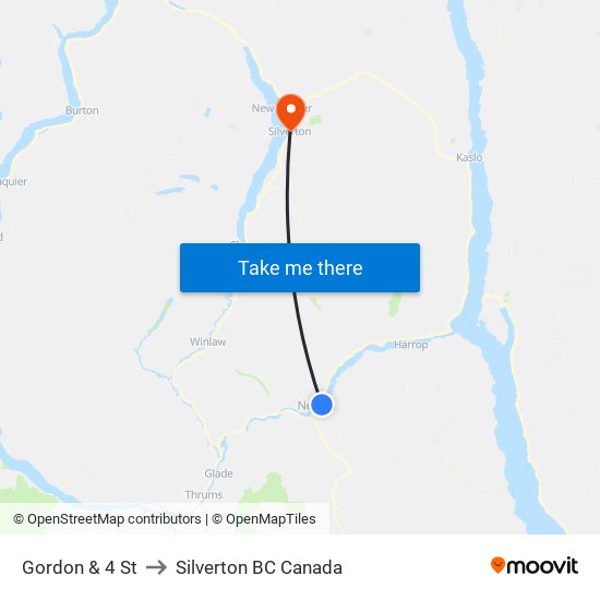 Gordon & 4 St to Silverton BC Canada map