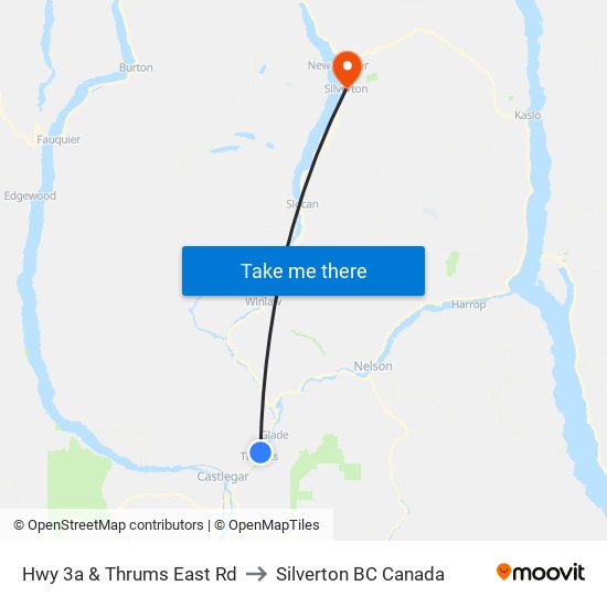 Hwy 3a & Thrums East Rd to Silverton BC Canada map