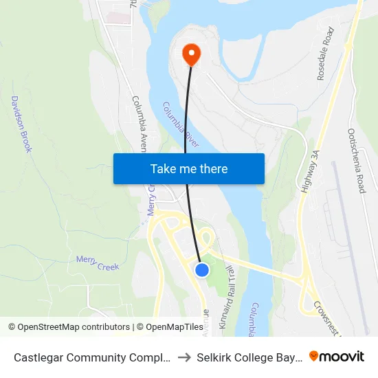 Castlegar Community Complex to Selkirk College Bay B map