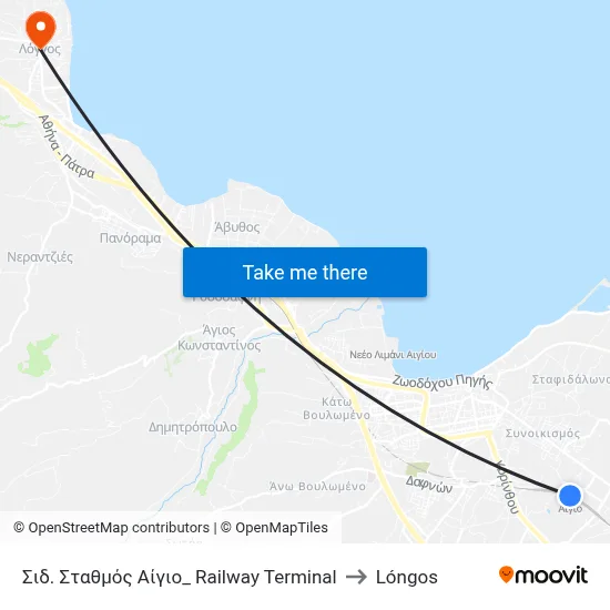 Aigio Railway Terminal to Longos map