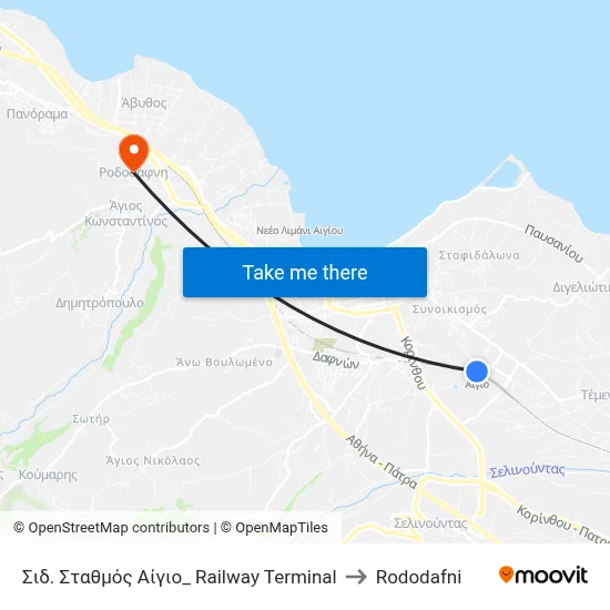 Aigio Railway Terminal to Rododafni map