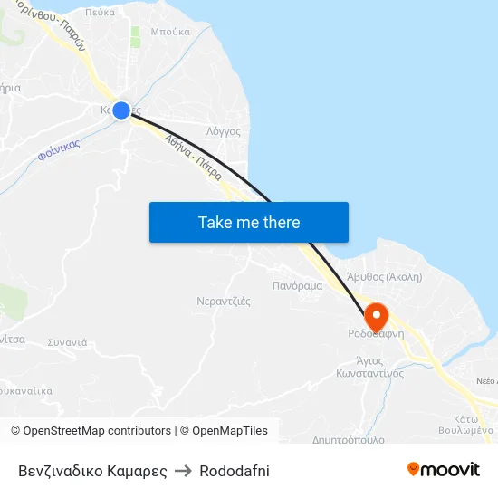 Βενζιναδικο Καμαρες to Rododafni map