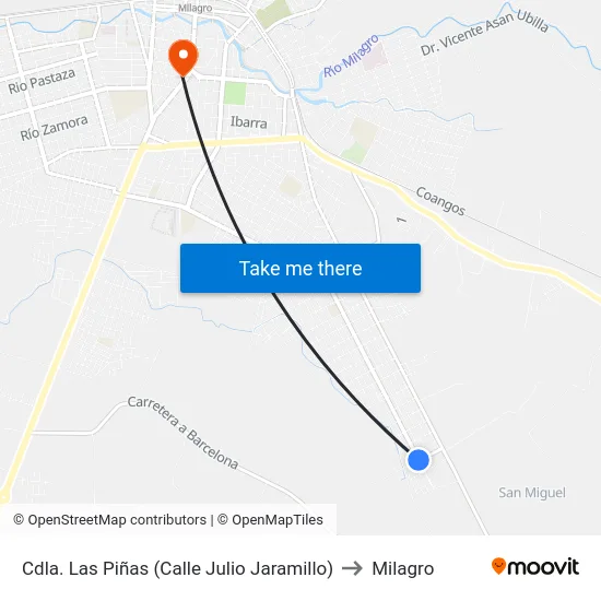 Cdla. Las Piñas (Calle Julio Jaramillo) to Milagro map
