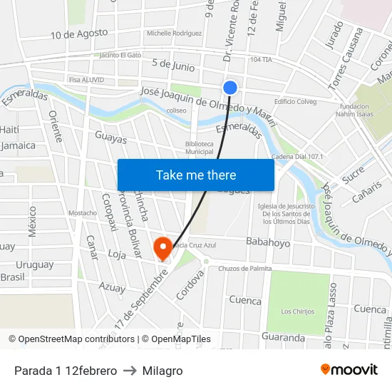 Parada 1 12febrero to Milagro map