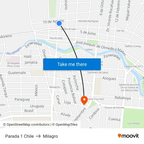 Parada 1 Chile to Milagro map