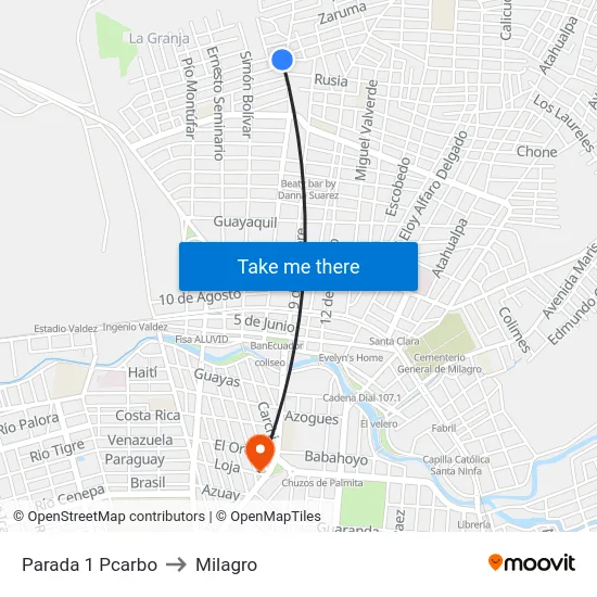 Parada 1 Pcarbo to Milagro map