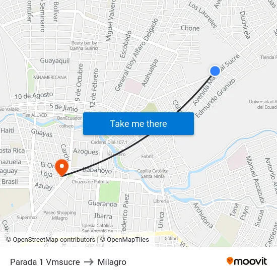 Parada 1 Vmsucre to Milagro map