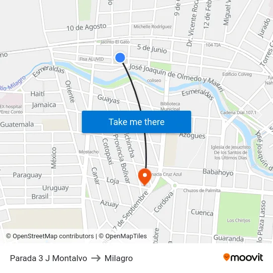 Parada 3 J Montalvo to Milagro map
