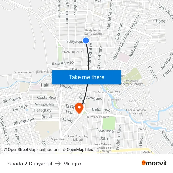Parada 2 Guayaquil to Milagro map