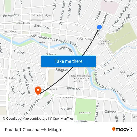 Parada 1 Causana to Milagro map