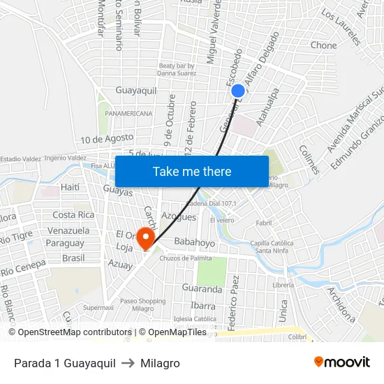 Parada 1 Guayaquil to Milagro map