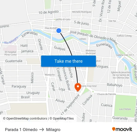 Parada 1 Olmedo to Milagro map