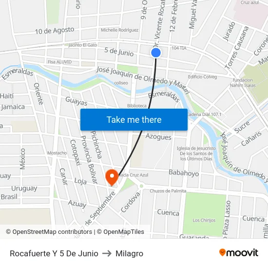 Rocafuerte Y 5 De Junio to Milagro map