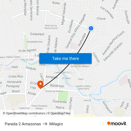 Parada 2 Amazonas to Milagro map