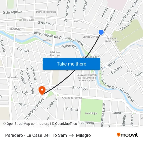 Paradero - La Casa Del Tío Sam to Milagro map