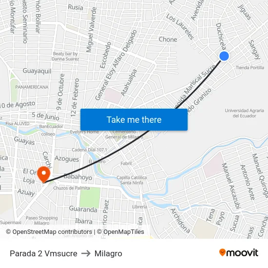 Parada 2 Vmsucre to Milagro map