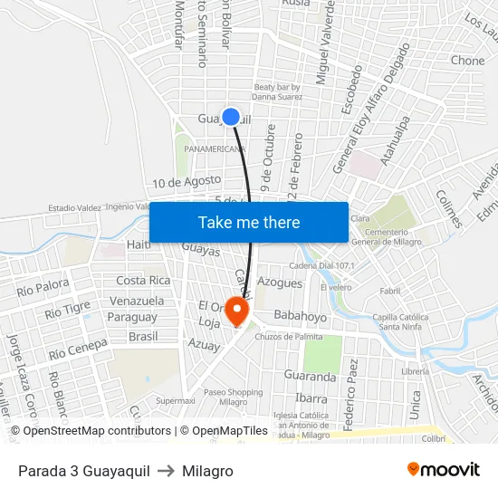 Parada 3 Guayaquil to Milagro map