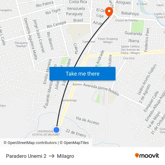 Paradero Unemi 2 to Milagro map