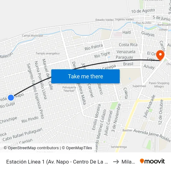 Estación Línea 1 (Av. Napo - Centro De La Ciudad) to Milagro map