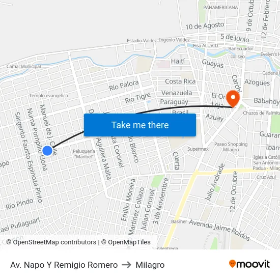 Av. Napo Y Remigio Romero to Milagro map