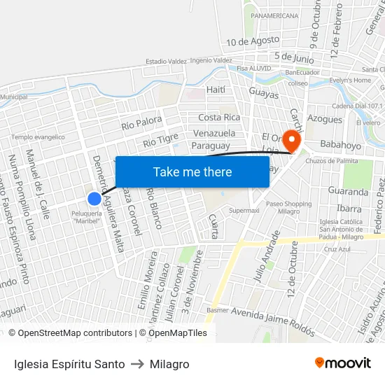 Iglesia Espíritu Santo to Milagro map