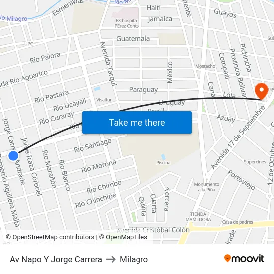 Av Napo Y Jorge Carrera to Milagro map