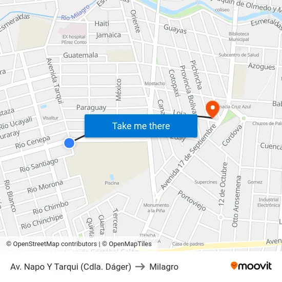Av. Napo Y Tarqui (Cdla. Dáger) to Milagro map