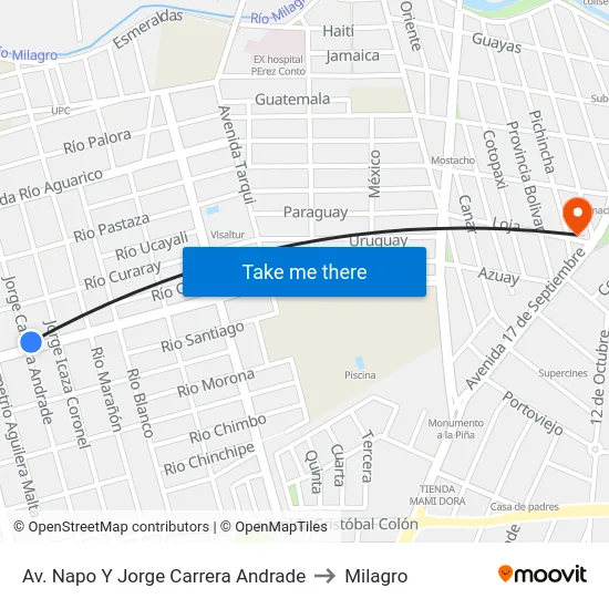 Av. Napo Y Jorge Carrera Andrade to Milagro map
