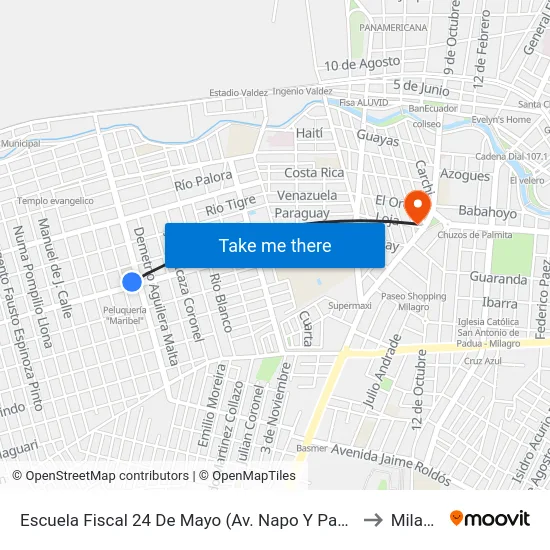 Escuela Fiscal 24 De Mayo (Av. Napo Y Paquisha) to Milagro map
