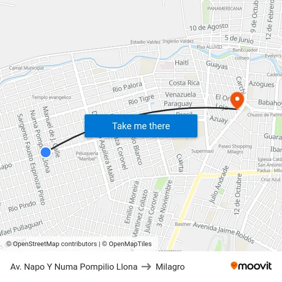 Av. Napo Y Numa Pompilio Llona to Milagro map