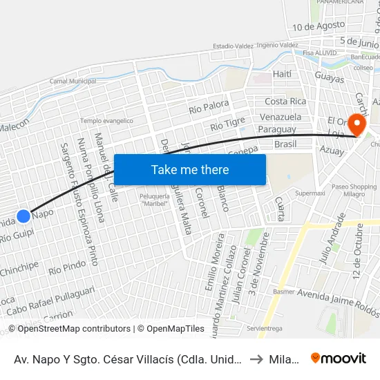 Av. Napo Y Sgto. César Villacís (Cdla. Unida Sur) to Milagro map