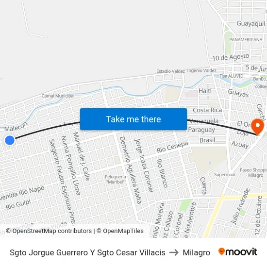 Sgto Jorgue Guerrero Y Sgto Cesar Villacis to Milagro map