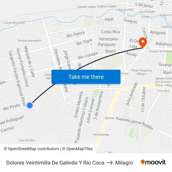 Dolores Veintimilla De Galindo Y Río Coca to Milagro map