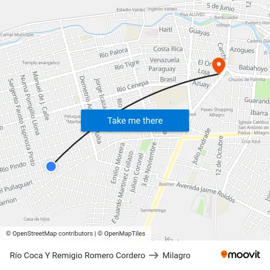 Río Coca Y Remigio Romero Cordero to Milagro map