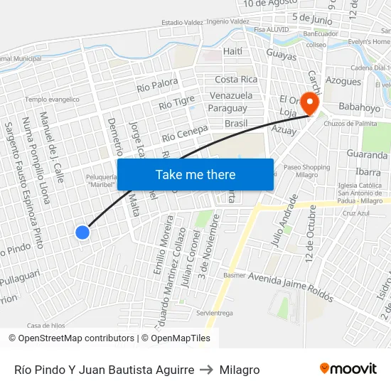 Río Pindo Y Juan Bautista Aguirre to Milagro map