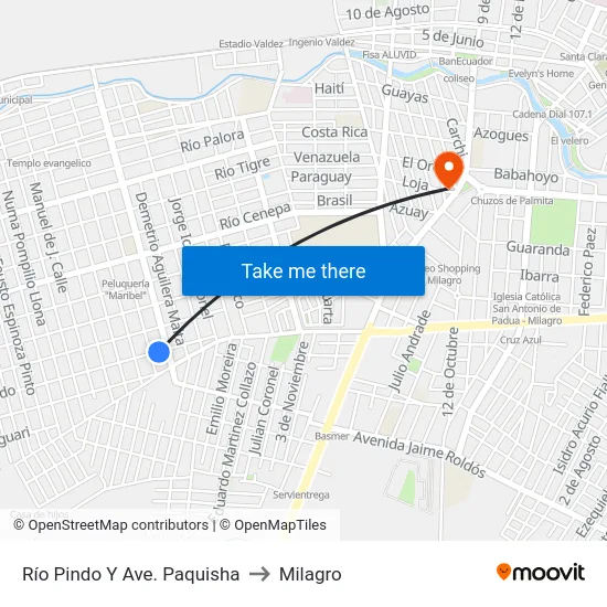 Río Pindo Y Ave. Paquisha to Milagro map