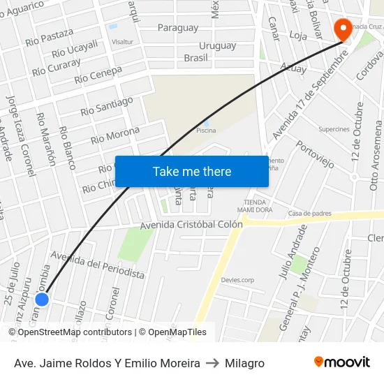 Ave. Jaime Roldos Y Emilio Moreira to Milagro map